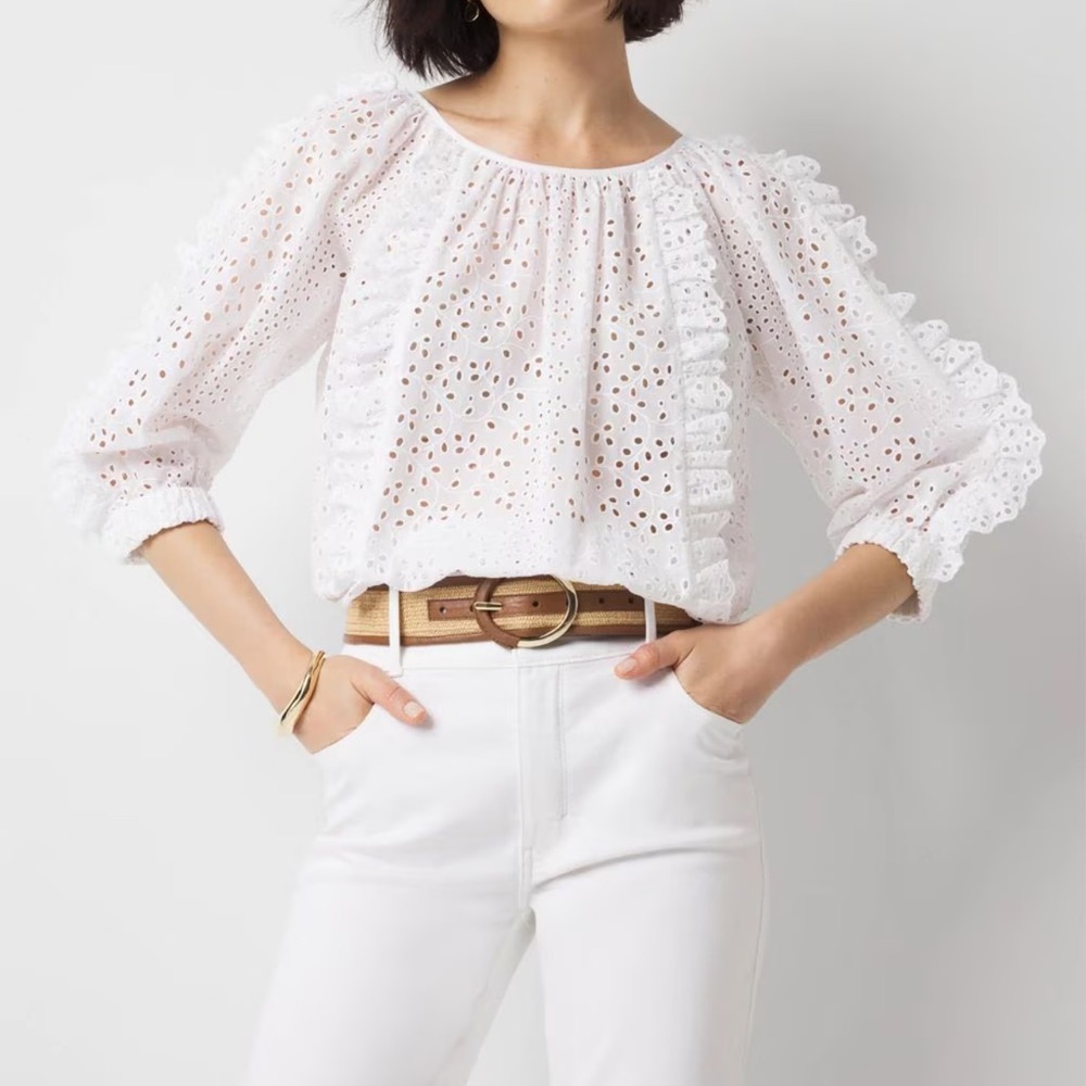 NEW WHBM $110 White Eyelet & Ruffle Blouse top women size M